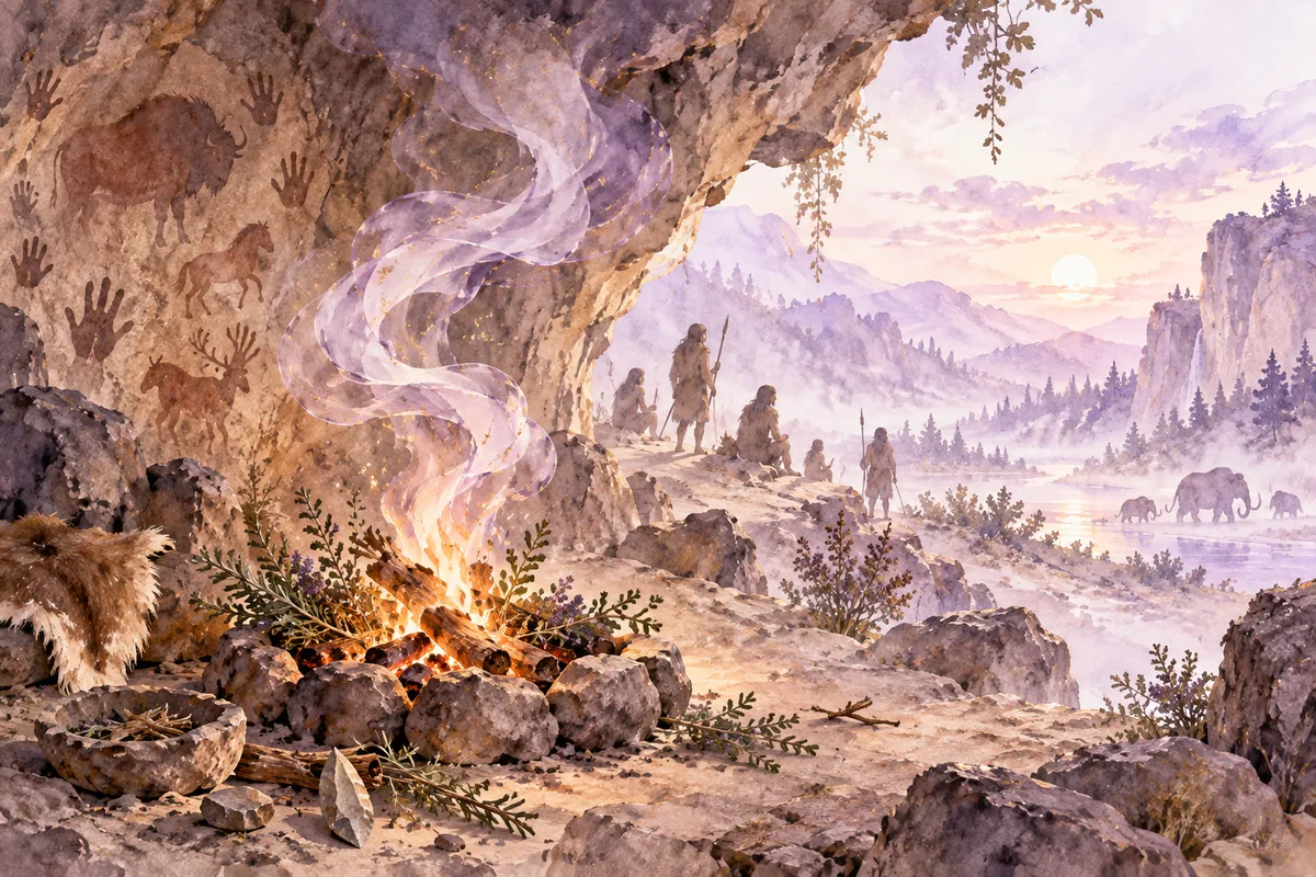 Hierbas aromáticas quemándose en una hoguera prehistórica