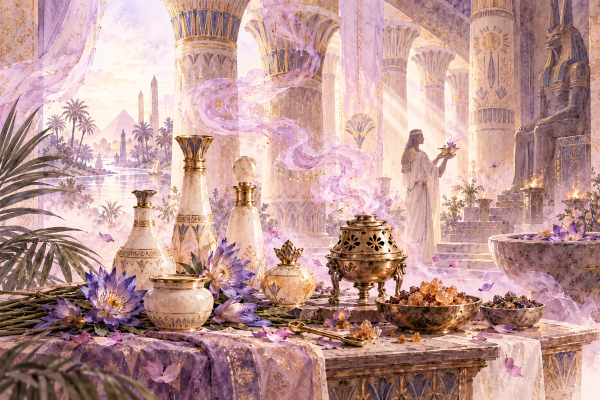 Sacerdote egipcio elaborando perfumes con flores de loto y resinas
