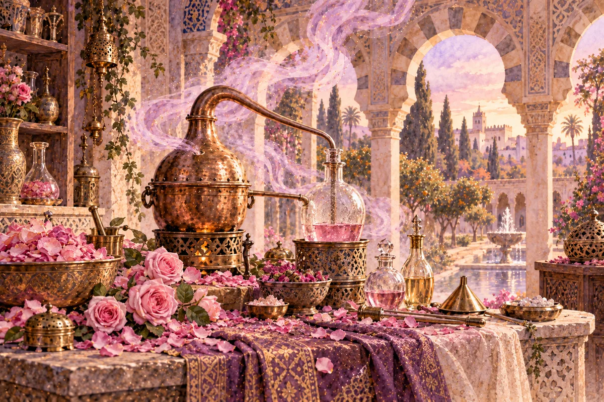 Alambique medieval destilando agua de rosas
