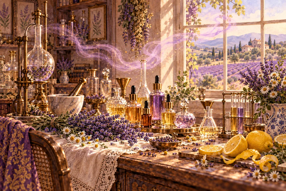 Campo de lavanda y frasco de aceite esencial