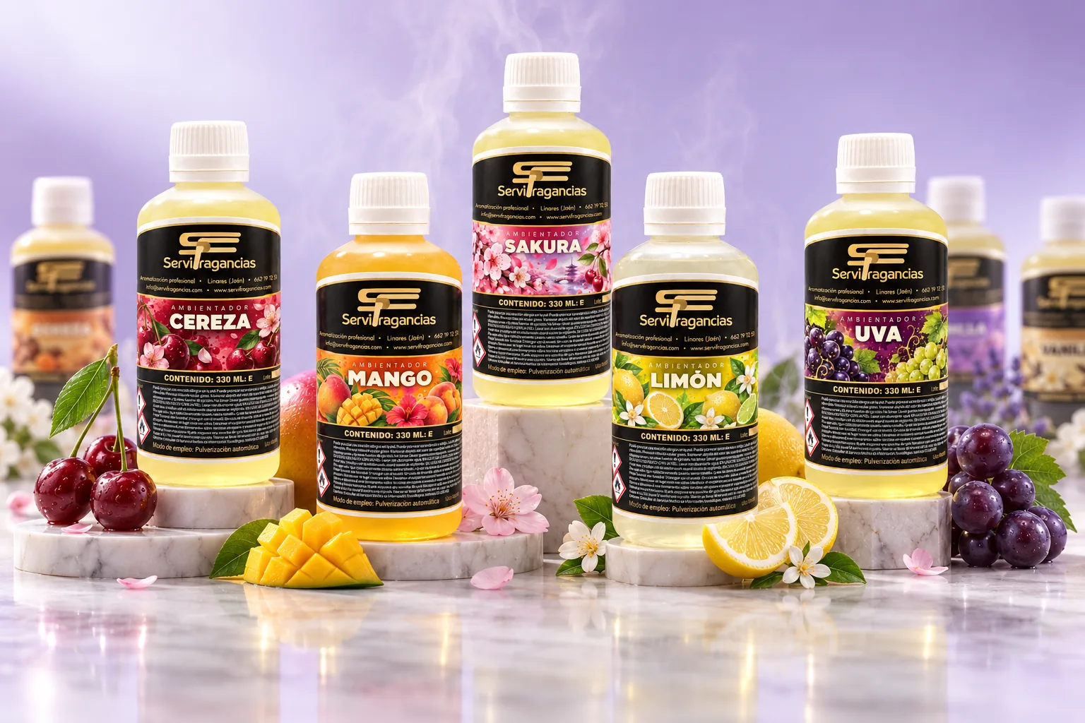 Familia de aceites aromáticos para nebulizador Servifragancias: cereza, mango, sakura, limón y uva