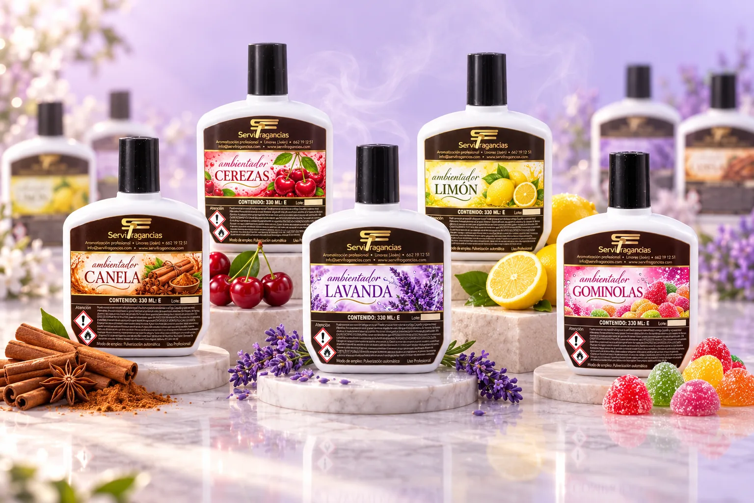 Familia de ambientadores hidroalcohólicos Servifragancias: canela, cerezas, lavanda, limón y gominolas